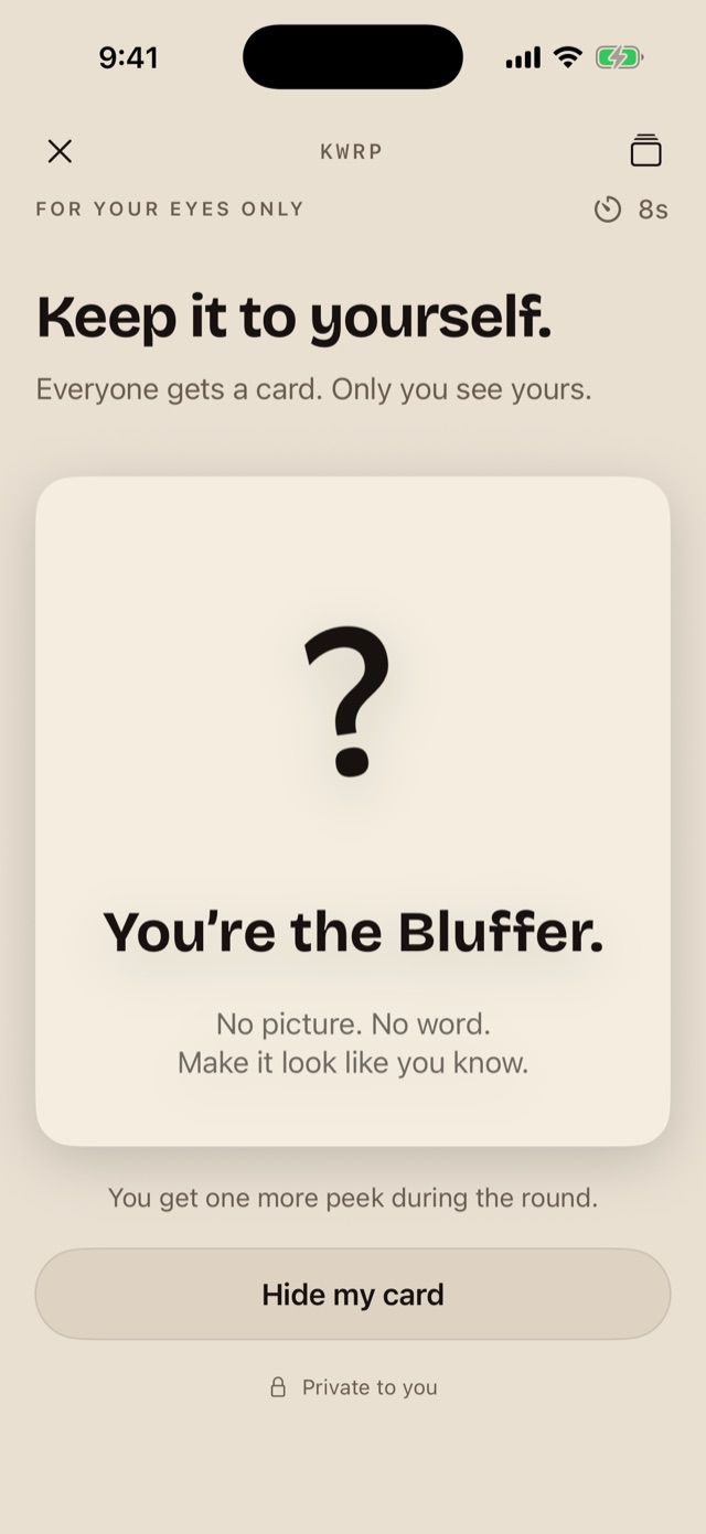 BLUFF screen: Keep it to yourself. A card with a question mark reads You’re the Bluffer. No picture. No word.