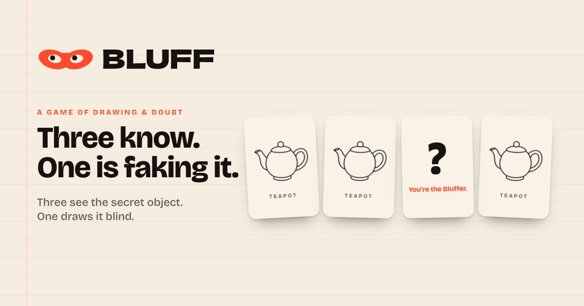 BLUFF: three cards show a teapot, one says You’re the Bluffer.